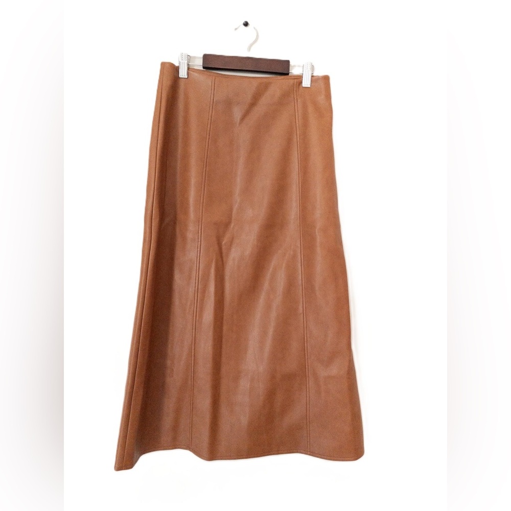Studio Park Tan Faux Leather Midi Skirt XS Slight Flare